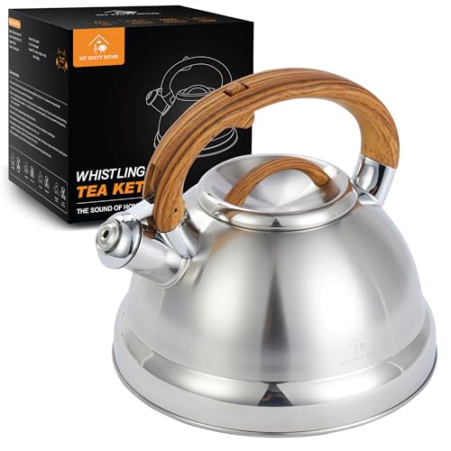 Whistling Tea Kettle for Stovetop 3.1 QT Large Stainless Steel Teapot, Warp Resistant, Wood Pattern Ergonomic Handle – For Gas, Electric, Induction & Ceramic Stove top