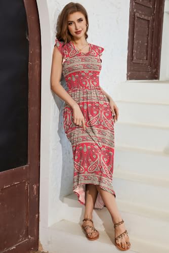 AUSELILY Damen Sommer Maxikleid Rüschen und kurzen Ärmeln Bodenlanger Rock mit Taschen Freizeit Strandkleid Elegant Boho Rot M 3