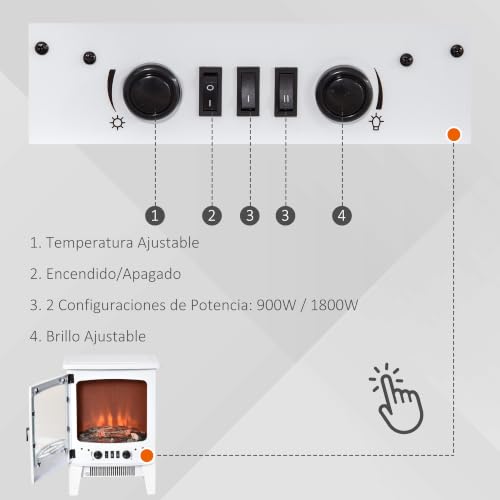 Miniatura 4 de Homcom Chimenea Eléctrica Portátil De 900 1800w Con Efecto De Llama Termostato Ajustable Y Protección Sobrecalentamiento Hasta 20 M 39x26x54,8 Cm Blanco