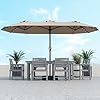 Kingdura 15ft Large Patio Umbrella with Solar Lights, Double-Sided Rectangle Lighted Outdoor Table Umbrella with Base Included, 12 Reinforced Ribs, 48 Led Lights, Crank Lift for Market Pool Deck Backyard, Beige