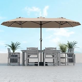 Kingdura 15ft Large Patio Umbrella with Solar Lights, Double-Sided Rectangle Lighted Outdoor Table Umbrella with Base Included, 12 Reinforced Ribs, 48 Led Lights, Crank Lift for Market Pool Deck Backyard, Beige