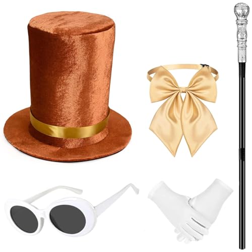 JcHrmers 5 Pcs Halloween Chocolate Factory Costume Include Velvet Top Hat Sunglasses Scepter Bowtie and Gloves for Men Women Movie Character Dress Up