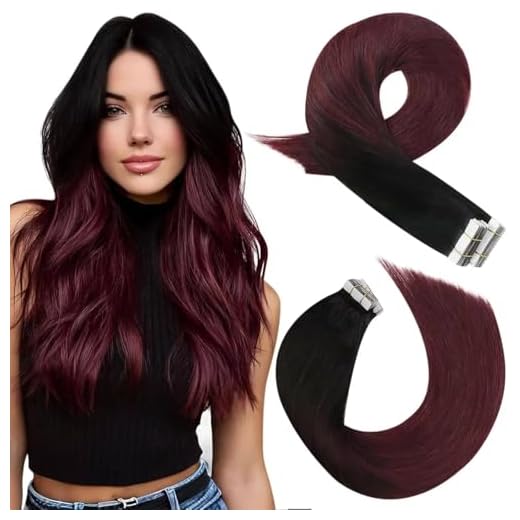 Moresoo Tape Extensions Echthaar Schwarz Ombre Rotwein Double Sided Skin Weft Remy Haarextension Echthaar Tape Balayage Echthaar Extensions Tape in Glatt Dicke Haare 20Pcs/50G 40 cm