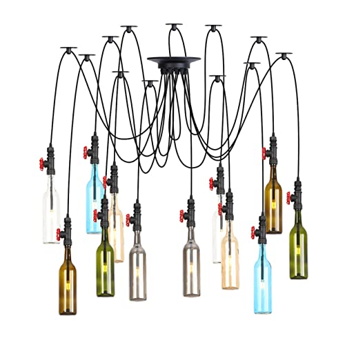 Lampe araignée de plafond avec 12 lustres suspendus en verre de bouteille