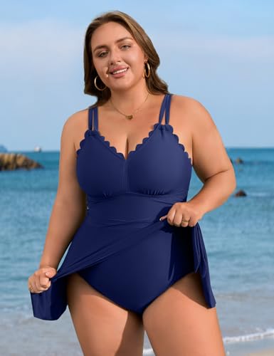 Image of Charmo Plus Size Swimsuit for Women Swim Dress Scalloped One Piece Tummy Control Bathing Suit Ruched Swim Suits