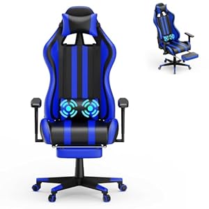 AufuN Gaming stoel, bureaustoel, ergonomisch met trillingen, lendenkussen, voetensteun, hoofdsteun, ergonomisch, massage-gamingstoel voor livestreaming Xbox, 150 kg belastbaarheid (blauw)