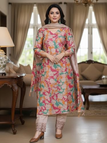 Image of GoSriKi Women's Rayon Viscose Straight Printed Kurta with Pant and Dupatta | Floral Pattern Three Piece Outfit | Soft Comfortable Fabric | Elegant Office and Occasion Clothing