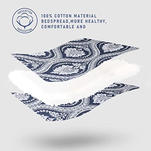 Kaloola Quilts Queen Size 100% Cotton Queen Quilt Bedding Set, Navy Blue Damask Pattern Queen Quilt Set, Reversible Lightweight Queen Quilt For All Seasons, 3 Pieces #TOP5