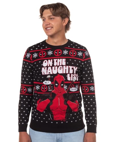 Marvel Deadpool Mens On The Naughty List Ugly Christmas Pullover Crewneck Sweater (X-Small) Multicolored