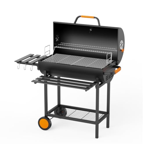 KEYO GRILL 29 Inch Charcoal BBQ Grill - 537 Sq In Barrel - Shaped Barbecue Grill with Height-adjustable Charcoal Tray & Chrome - plated Baking Rack Suit for Garden Shed Patio
