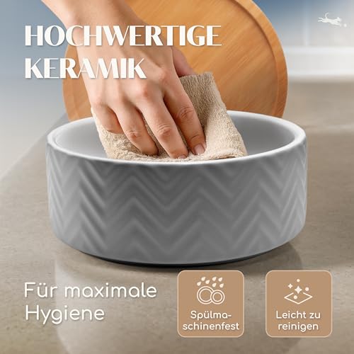 FREUDENTIER Hundenapf aus Keramik mit Bambus-Boden - 990ml - rutschfest & spülmaschinenfest - Moderner Futternapf/Fressnapf für Grosse Hunde & kleine Hunde - Näpfe Hund (Weiß, 1x)