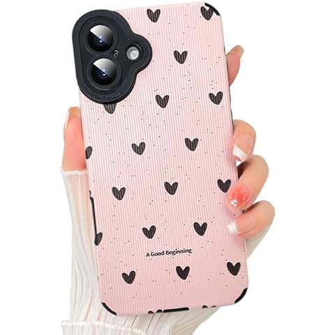 LSL Compatible with iPhone 16 Case, Pink Cute Love Hearts Pattern Design Case for Women Girls Soft TPU Bumper Camera Protection Fashion Slim Protective Cover Cover