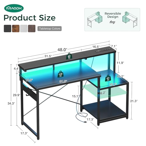 AODK Computer Desk, 48 Inch Gaming Desk with Led Lights & Power Outlet, Office Desk with Storage Shelves, Reversible Desk with Monitor Shelf & Headphone Hook, Carbon Fiber Black - Image 4