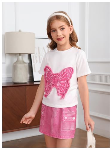 Image of OYOANGLE Girl's 2 Piece Outfits Butterfly Short Sleeve Tee and Denim Skirts Sets
