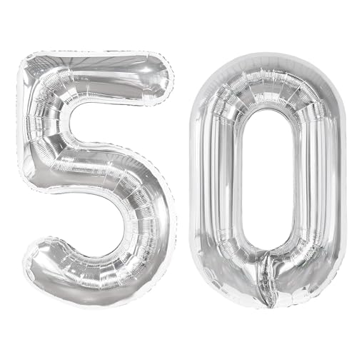Image of Silver Number 50 Balloon 40 inch, 50 Number Balloons, 50th Silver Birthday Decorations, 50 Year Old Women Men Silver Party Supplies