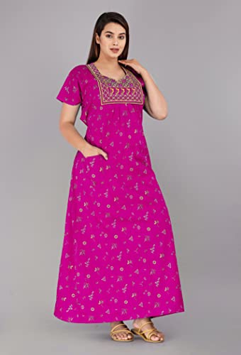 Image of Women's Pure Cotton Maxi Nighty, Jaipuri Embroidery Print, Short Sleeve Night Gown with Pocket