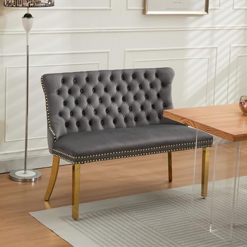 Image of 45.6''Velvet Dining Bench, Button Tufted Upholstered Dining Table Bench with Wing Highback, Nailhead Decoration, Small Loveseat Sofa with Gold-Plated Steel Legs, Mid Century Modern Seating, Grey