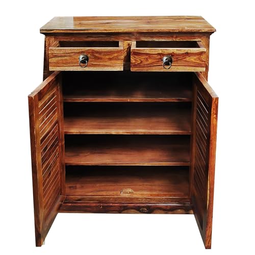 Image of Solid Sheesham Wood Shoe Rack Wooden with 2 Doors & 2 Drawer | Multipurpose Shoe Rack Stand Storage Cabinet Organizer for Home, Office, Entryway, Hallway & Living Room, Bedroom | Natural Finish