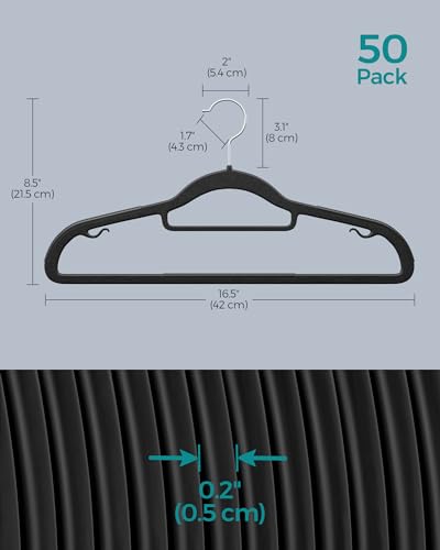 SONGMICS Pack of 50 Coat Hangers, Heavy-Duty Plastic Hangers with Non-Slip Design, Space-Saving Clothes Hangers, 0.2” Thickness, 360° Swivel Hook, 16.5” Long, Black and Gray