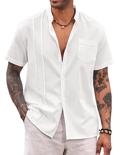 Coofandy Men Guayabera Shirt Dress Short Sleeve Shirt Camp Hawaiian Vacation Shirt White #TOP16