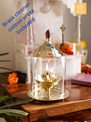 Image of akhand Jyoti with Oil Lamp(Large Size ,Height : 7 inch,Burning 8 hrs) for Home, Office, Puja, Mandir, Decorative Lantern Diya with Glass /Shade Cover for Prayer (Large)