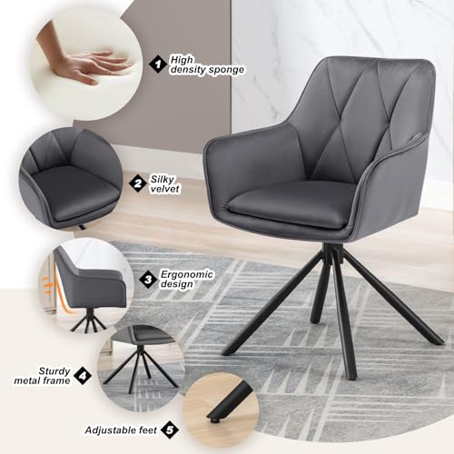 Lestarain Esszimmerstühle drehbar 4er Set, für Schlafzimmer Küche Wohnzimmer, Küchenstühle gepolstert mit Armlehnen Rückenlehne, Metallbeinen, Samt, Dunkelgrau – Bild 6