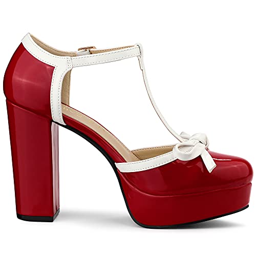 Allegra K Women's Platform Bow T Strap Chunky Heels Red Pumps 9 M Us #TOP6