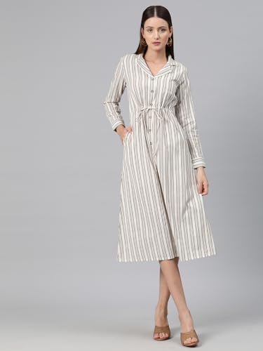 Image of Cottinfab Women Beige and White Striped Cotton Shirt Midi Dress Long Sleeves