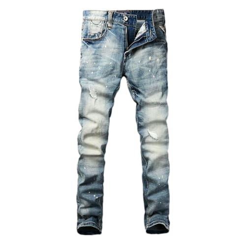 Street Designer Mens Jeans Retro Blue Stretch Slim Fit Patched Ripped Jeans Men Painted Vintage Denim Pants ​​Trousers