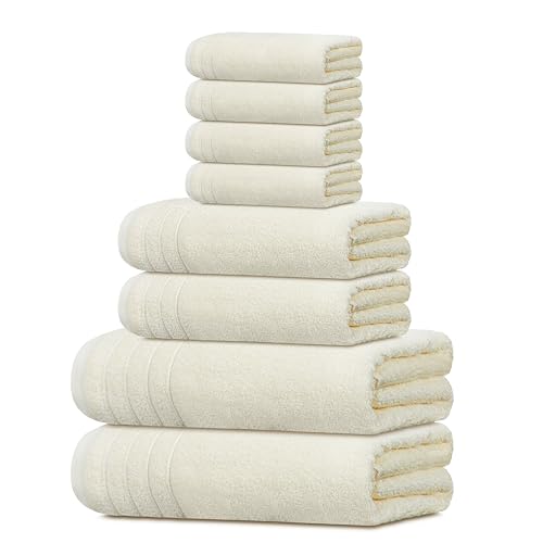 Tens Towels Pack of 8 Towels Set 2 Extra Large Bath 2 Hand 4 Washcloths 100% Cotton Lighter Weight Quicker to Dry Super Absorbent Perfect for Bathroom Cream