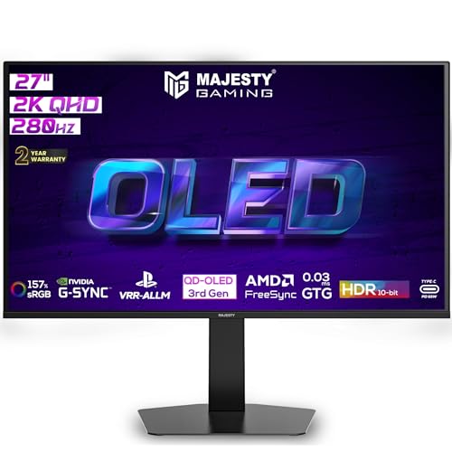 Majesty 27 Inch OLED Gaming Monitor 2K QHD | QD-OLED | 280Hz | 0.03ms | HDR400 | 157% sRGB | 10-Bit | G-SYNC & FreeSync | HDMI 2.1 | DP & USB-C | VESA | Built-in Speakers | RGB Rear | Flexible Stand