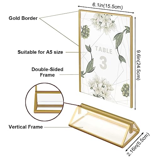 Image of Climberty 6Pcs Acrylic Gold Sign Holders, 5.9x8.2 inch Clear Picture Frames with Gold Borders and Vertical Stand, Double Sided Table Menu Display Stand for Restaurant Signs, Wedding Table and Photos