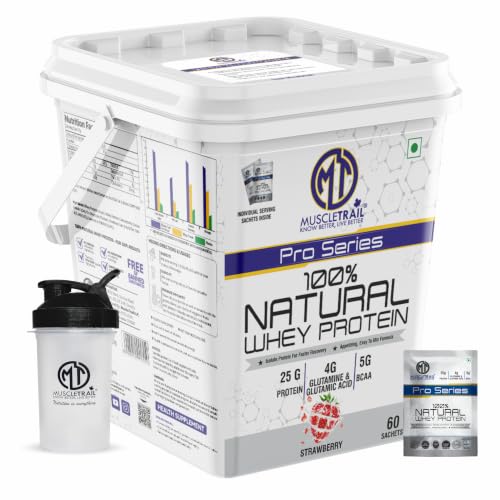 Image of MuscleTrail Pro Series Whey Protein, 50 Pouches, 25g Protein, Isolate Source, Low Carb, 4g Glutamine & Glutamic Acid, 5g BCAA (60 Serving, Strawberry)
