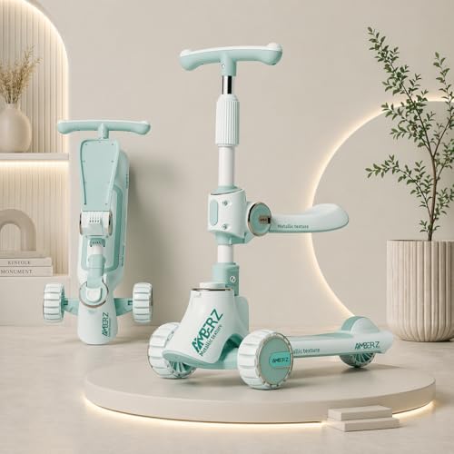 Image of 3-in-1 Convertible Foldable Kids Skating Style Cycle Kick Scooter for 3-14 Years Old Kids with 5-Level Height Adjustable Handle | LED PU Flashing Wheels | Max Capacity 75 Kg. (Seafoam Green)