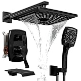 ELLO&ALLO Matte Black Tub Shower Faucet Set with Valve and Trim Kit, Rainfall Waterfall Shower Head with Handheld Combo