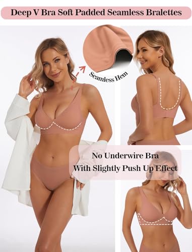 Image of Deep V Bra Wireless Sexy Push Up Bralette Padded Seamless Jelly Bra | Low Cut Plunge V-Neck, Wide Straps, Back Smoothing, Bras for Women No Underwire, Soft Comfortable Bralettes