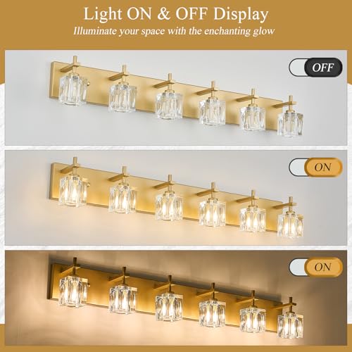 Image of VitaLink 6-Light Crystal Vanity Light, 35.4 inch Long Gold Bathroom Wall Light Over Mirror Crystal Wall Light Fixtures for Bathroom