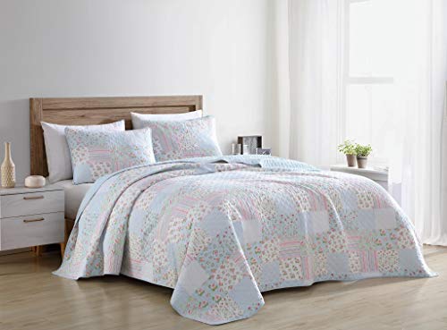 Chezmoi Collection Holly 3-Piece Printed Patchwork Cotton Quilt Set - Flower Floral Candy Stripe Polka Dots - Stone Washed Lightweight Bedspread, Queen Size #TOP1