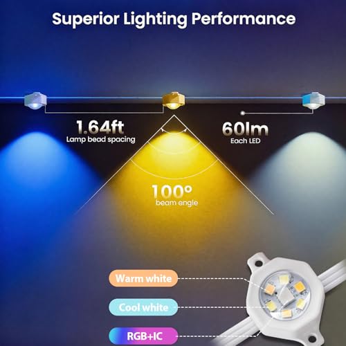 Image of Rosykite Outdoor Christmas Lights - 50ft Smart RGB+IC Color Eaves Lights with 63 Scene, IP67 Waterproof, Alexa & Google Assistant Voice Control