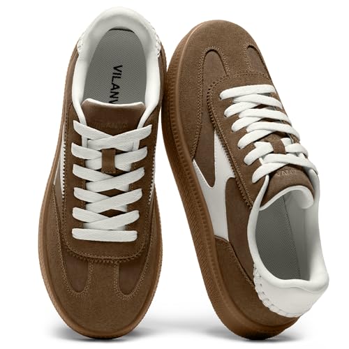 Image of Vilanva Women's Fashion Sneakers Casual Tennis Shoes with Genuine Suede Classic Retro Gum Sole Walking Trendy Footwear