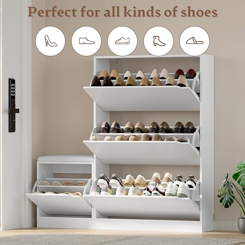 Image of BORNOON Shoe Cabinet with Bench and 3 Flip Drawers, Slim Narrow Shoe Storage Cabinet, Freestanding Shoe Rack Organizer with Adjustable & Removable Shelves, Anti-Tip for Entryway, Hallway, Foyer