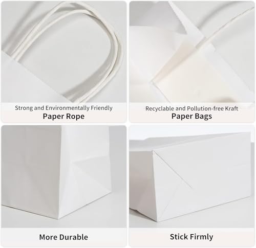 Image of RACETOP White Gift Paper Bags 100 Pack 8x4.5x10.8 in Medium with Handles | Recycled Kraft Paper, Medium Size, Reinforced Handles, for Groceries, Retail, Party Favors, Takeouts, Eco-Friendly