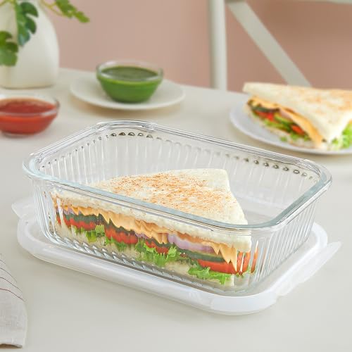 Image of Borosil 1.52 L Fluted Klip N Store Rectangle Food Storage Container with Air Tight Glass Lid | Borosilicate Glass Container for Lunchbox | Microwave & Dishwasher Safe | Transparent