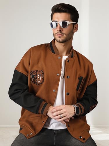 Image of CHKOKKO Men's Oversized Varsity Jacket with Snap Button Closure and Patch Design Trendy Comfortable Outerwear for College Travel and Casual Wear