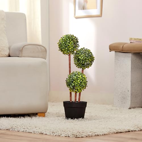 Image of amazon basics Artificial 3 Stem Topiary in Black Plastic Pot | Realistic 55 cm Faux Greenery | Durable Plastic | Stylish & Compact | Zero Maintenance | Indoor, Outdoor, Home & Office Decor