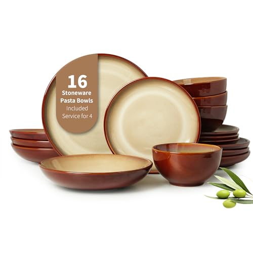 Image of Pokini 16 Piece Double Bowl Plates and Bowls Sets, Ceramic Dinnerware Sets with Pasta Bowls, Dishwasher & Microwave Safe Dish Set, Scratch Resistant Stoneware Plate Set, Service for 4 Brown Yellow