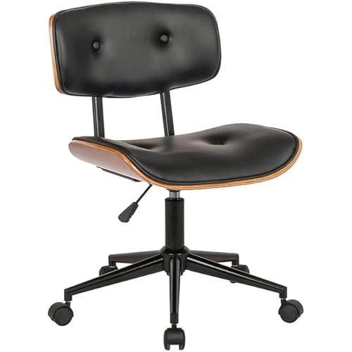 IDS Home Office Desk Swivel Chair, Adjustable Armless Leather Wooden Task Chair, Minimal Modern Computer Chair, Black
