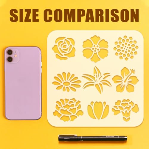 FINGERINSPIRE 3pc Combination Flowers Painting Stencil 20x20cm PET Plants Themes Spraying Reusable Hibiscus Rose Dahlia Daisy Lily Tulip Carnation Pattern Wall Stencil Template - Image 3