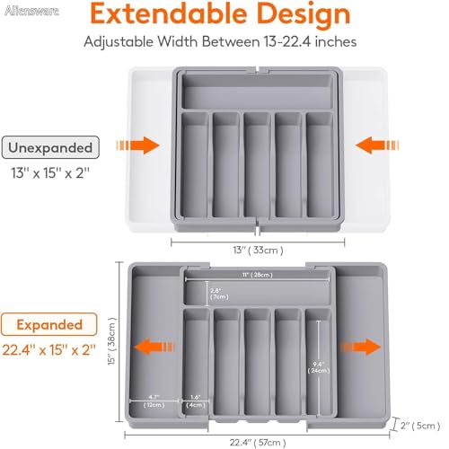 Image of Aliensware Expandable Slider Kitchen Drawer Organizer, BPA Free Utensil, Adjustable Flatware & Cutlery Holder /Divider Tray for Spoons Forks, Knives Tableware Storage-13-22.4 X15X2 inch(8-Slots /Grey)
