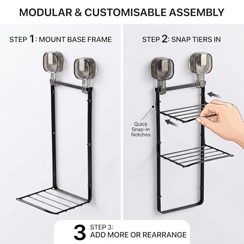 Image of Premium 2-Tier Stainless Steel Kitchen Rack | Wall Mount Modular Organizer Shelf & Multipurpose Storage Stand for Spices, Pantry & Bathroom Toiletries | Space Saving Design (BLACK)